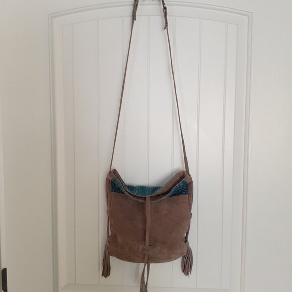 Noonday Collection Kantha Foldover Crossbody Bag Suede Leather Cotton BrownBlue - Picture 1 of 16